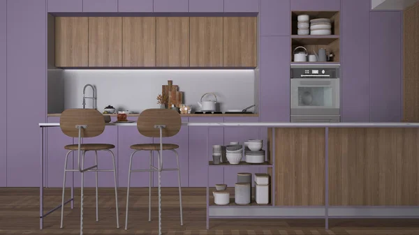 Cuisine Moderne Bois Couleur Liliaque Île Avec Tabourets Parquet Four — Photo