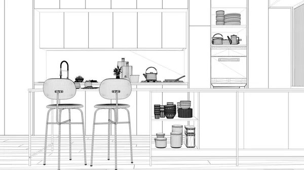 Projecto Projecto Planta Cozinha Moderna Ilha Com Bancos Parquet Forno — Fotografia de Stock