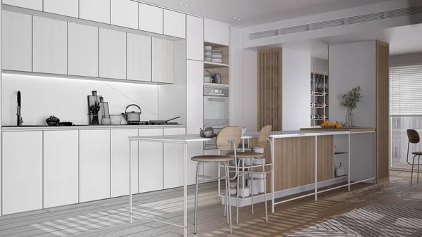 建筑师室内设计理念 手绘草稿完成的工程成为现实 厨房在现代公寓 岛与凳子 架子与陶器 — 图库照片