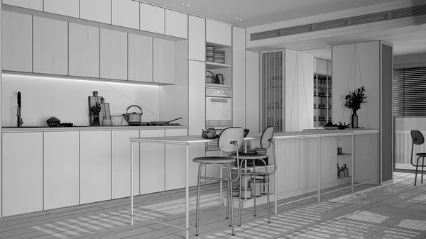 Proyecto Proyecto Sin Terminar Cocina Apartamento Moderno Isla Con Taburetes — Foto de Stock