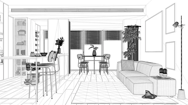 Blueprint Projektskizze Wohn Und Esszimmer Moderner Panorama Wohnung Insel Mit — Stockfoto