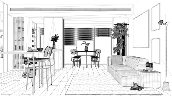 Projet Projet Blueprint Salon Salle Manger Dans Appartement Panoramique Moderne — Photo