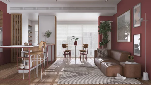 現代的な赤と木製のリビングルームとモダンなパノラマのアパートでのダイニングルーム ソファ カーペットや装飾が施されたスツール テーブル付きの島 インテリアデザインコンセプト — ストック写真