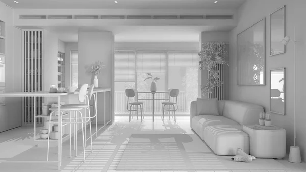 Celkový Bílý Projekt Návrh Obývací Pokoj Jídelna Moderním Panoramatickém Bytě — Stock fotografie