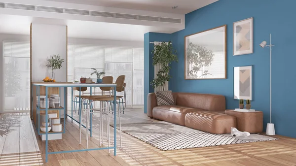 Soggiorno Sala Pranzo Contemporanei Legno Blu Moderno Appartamento Panoramico Isola — Foto Stock