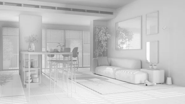 現代のパノラマのアパートでの総白いプロジェクトの草案 リビングとダイニングルーム ソファ カーペットや装飾が施されたスツール テーブル付きの島 インテリアデザインコンセプト — ストック写真