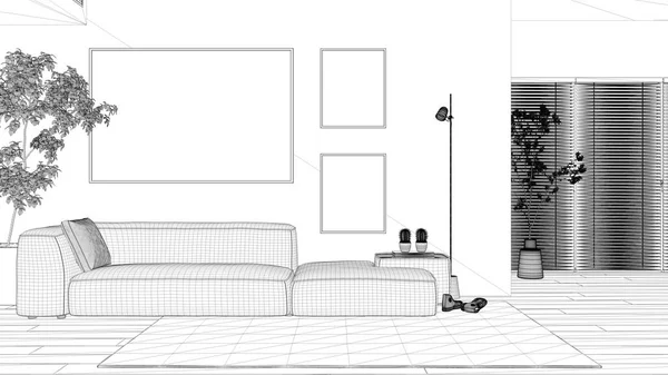 청사진 프로젝트 거실에 응접실 응접실 소파와 Plants Interior 디자인 — 스톡 사진