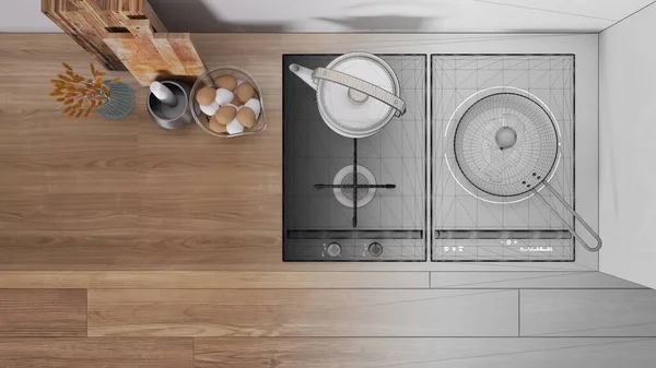 인테리어 디자이너 손으로 미완성 프로젝트는 실제로 주방을 냄비와 프라이팬에 계란으로 — 스톡 사진