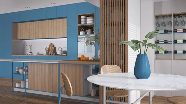 Moderne Blauwe Houten Keuken Eiland Parket Decors Eettafel Met Stoelen — Stockfoto