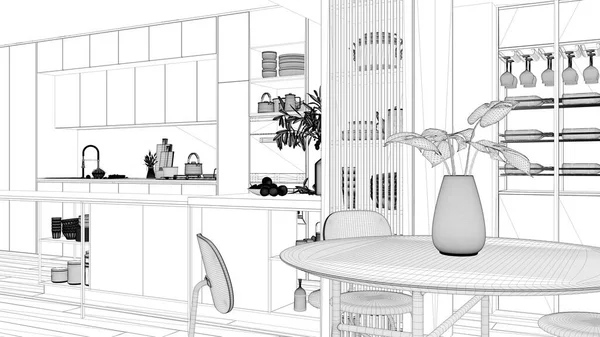 青写真プロジェクトの草案 キッチン 寄木細工や装飾 椅子付きのダイニングテーブル オープンワインセラー 陶器とアクセサリー付きの棚 現代的なインテリアデザインのアイデア — ストック写真