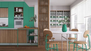 Minimalist turkuaz ve ahşap mutfak, ada, parke ve aletler. Sandalyeli yemek masası, şarap mahzeni, çömlek ve aksesuarlı raflar. Modern iç tasarım fikri