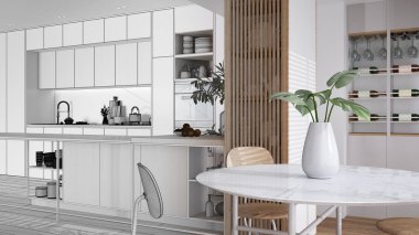 Mimari iç mimar konsepti: gerçek hale gelen el yapımı taslak proje, mutfak, ada, parke ve dekorlar. Sandalyeli yemek masası, açık şarap mahzeni.