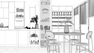 Proje taslağı, modern mutfak, ada, parke ve aletler. Sandalyeli yemek masası, şarap mahzeni, çömlek ve aksesuarlı raflar. Modern iç tasarım fikri