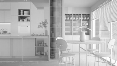 Tamamen beyaz proje, modern mutfak, ada, parke ve aletler. Sandalyeli yemek masası, şarap mahzeni, çömlek ve aksesuarlı raflar. Modern iç tasarım fikri