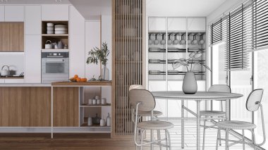 Mimari iç mimar konsepti: elle çizilmiş tamamlanmamış proje, adalı mutfak, parke ve aletler. Sandalyeli yemek masası, açık şarap mahzeni.