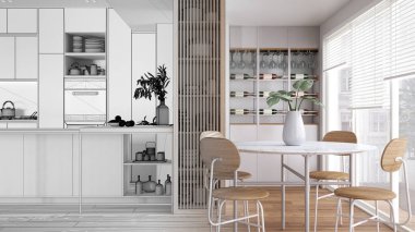 Mimari iç mimar konsepti: elle çizilmiş tamamlanmamış proje, adalı mutfak, parke ve aletler. Sandalyeli yemek masası, açık şarap mahzeni.