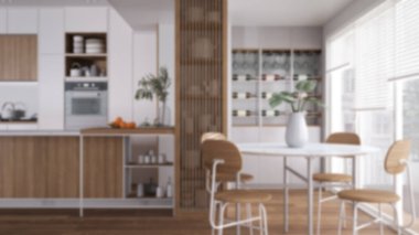 Bulanık arka plan, modern mutfak, ada, parke ve aletler. Sandalyeli yemek masası, şarap mahzeni, çömlek ve aksesuarlı raflar. Modern iç tasarım fikri