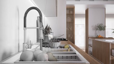 Mimari iç mimar konsepti: elle çizilmiş tamamlanmamış taslak proje gerçeğe dönüşüyor, mutfak kapanıyor, musluk suyu, meyve, portakal, elma ve armut ile batıyor. çömlekli hob