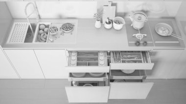 Tamamen beyaz proje, mutfak kapağı, aksesuarlı çekmeceler, lavabo, meyve, tencereli hob, tavada kızarmış yumurta, tahta kesme. Üst görünüm, yukarıda kopya alanı, iç tasarım