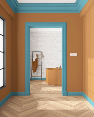 İç dizayn vitrini, parketli klasik koridor ve turuncu ve mavi tonlu kalıplı duvarlar, kemerli tuğla duvarlı modern banyo ve serbest küvet, aksesuarlar.