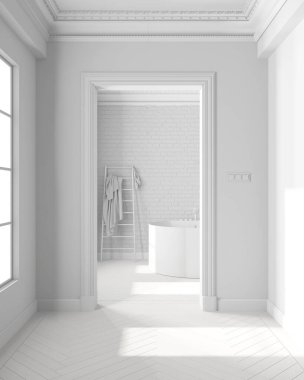 Tamamen beyaz proje, iç tasarım vitrini, parke ve kalıplı duvarları olan klasik koridor, kemerli duvarları olan modern banyo ve serbest küvet ve aksesuarlar.