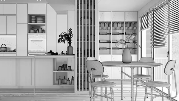 Projeto Inacabado Cozinha Moderna Ilha Parquet Eletrodomésticos Mesa Jantar Com — Fotografia de Stock