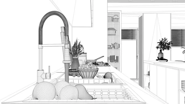Blueprint project draft, kitchen close up, sink with running tap, fruit, orange, apple and pear. hob with pots. Vase with spikes, cutting boards. Healthy concept, interior design idea