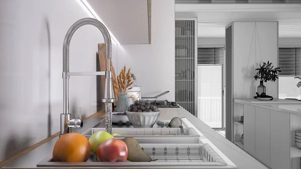 Unfinished project, kitchen close up, sink with running tap, fruit, orange, apple and pear. hob with pots. Vase with spikes, cutting boards. Healthy concept, interior design idea