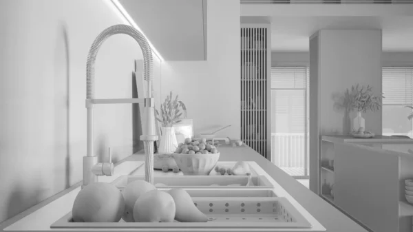 Total white project, kitchen close up, sink with running tap, fruit, orange, apple and pear. hob with pots. Vase with spikes, cutting boards. Healthy concept, interior design idea