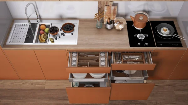 Orange Dan Kayu Dapur Dekat Laci Terbuka Dengan Aksesoris Tenggelam — Stok Foto