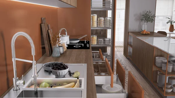 Уютная Оранжевая Деревянная Кухня Рядом Открытые Ящики Керамикой Посудой Раковина — стоковое фото