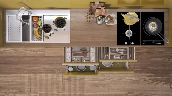 Желтая Деревянная Кухня Крупным Планом Открытые Ящики Принадлежностями Раковина Фруктами — стоковое фото