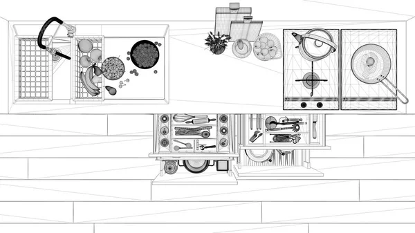 Proje Taslağı Mutfak Üst Manzarası Aksesuarlı Çekmeceler Meyveli Lavabo Tencere — Stok fotoğraf