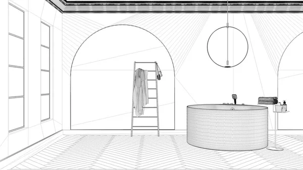 Proje Taslağı Banyo Tasarımı Vitrini Klasik Mimari Tonları Tuğla Duvarlar — Stok fotoğraf