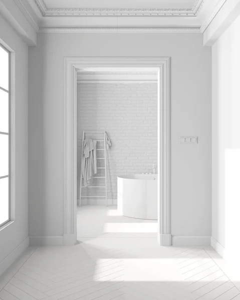 Projeto Branco Total Vitrine Design Interiores Corredor Clássico Com Parquet — Fotografia de Stock