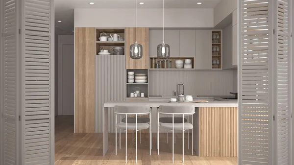 简约的木制厨房 有扶手椅的餐桌 有陶器的架子 建筑师的概念 模糊的背景上的白色折叠门 — 图库照片