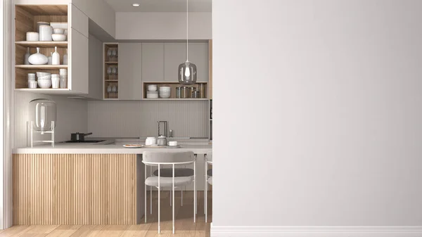 Cozinha Moderna Branca Madeira Com Mesa Jantar Poltronas Uma Parede — Fotografia de Stock