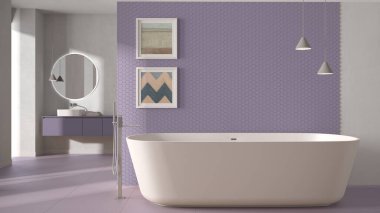 Mor renkte rahat minimalist banyo, serbest banyo, fayanslar ve beton duvarlar, lavabo, ayna, koltuk, renkli tablolar ve dekorlar, iç tasarım konsepti.