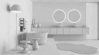 Tamamen beyaz proje taslağı, gösterişli banyo iç tasarımı, serbest banyo küveti ve yıkama tabanı. Yuvarlak aynalar, musluklar, modern halı, yer lambası, masalar. Minimalist proje fikri