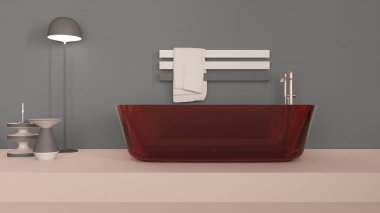 Gösterişli banyo iç tasarımı bej ve gri tonlarda, cam serbest banyo küveti. Yer lambası, mumlu yan masalar, minimalist raf havlusu. Çağdaş proje fikri