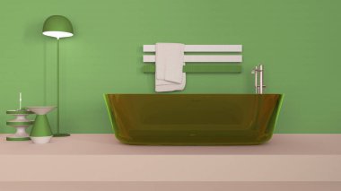 Gösterişli banyo iç tasarımı bej ve yeşil tonlarda, cam serbest banyo küveti. Yer lambası, mumlu yan masalar, minimalist raf havlusu. Çağdaş proje kavramı