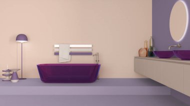 Gösterişli banyo iç tasarımı mor ve bej renkler, cam serbest banyo küveti ve yıkama tabanı. Yuvarlak aynalar, musluklar, modern halı, yer lambası, masalar. Minimalist proje