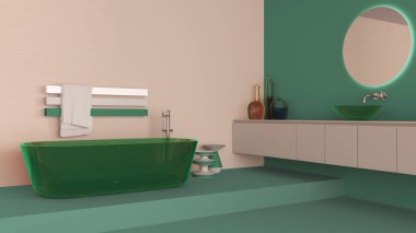 Turkuaz renkte, bej renkte, cam serbest banyo küveti ve çamaşır tabanı şeklinde banyo dekorasyonu. Yuvarlak aynalar, modern halı, yer lambası, masalar. Minimalist proje