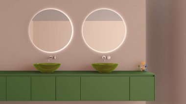 Gösteri banyosu iç tasarımı kapanıyor, iki cam lavabolu lavabo, bej ve yeşil tonlu yuvarlak ayna, fotokopi alanı ile proje fikri