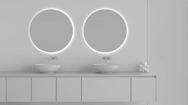 Tamamen beyaz proje taslağı, gösterişli banyo iç tasarımı yakın çekim, iki cam lavabolu lavabo, ışık ve dekorlu yuvarlak ayna, fotokopi alanlı proje fikri