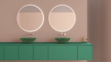 Gösteri banyosu iç tasarımı kapanıyor, iki cam lavabolu lavabo, bej ve turkuaz tonlu yuvarlak ayna, fotokopi alanlı proje fikri