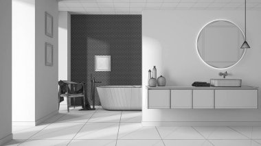 Tamamlanmamış proje, modern minimalist banyo, aynalı lavabo, küvet, beton döşemeler ve beton duvarlar, koltuk, renkli vazolar ve dekorlar, iç mimari proje fikri