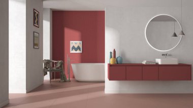 Kırmızı pastel tonlarda modern minimalist banyo, aynalı lavabo, küvet ve beton duvarlar, koltuk, renkli vazolar ve dekorlar, iç mimari proje fikri