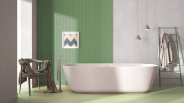 Modern minimalist yeşil banyo, serbest banyo, mozaik altıgen pastel fayanslar, kürklü koltuk, beton beyaz duvarlar, çağdaş iç tasarım şov konsepti