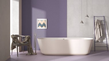 Modern minimalist mor banyo, serbest banyo, mozaik altıgen pastel fayanslar, kürklü koltuk, beton beyaz duvarlar, çağdaş iç tasarım sergi konsepti